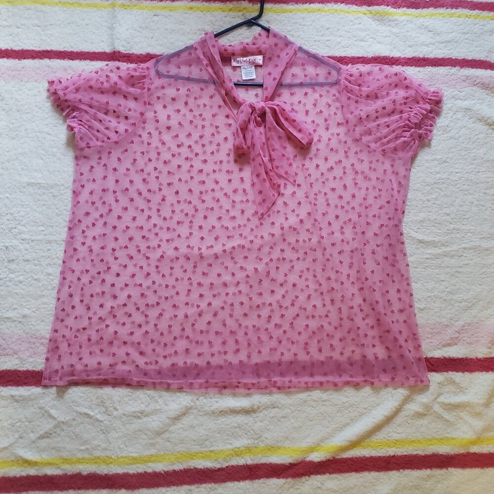 Shop My Violet Pink Red Hearts See Through Tie Neck Top